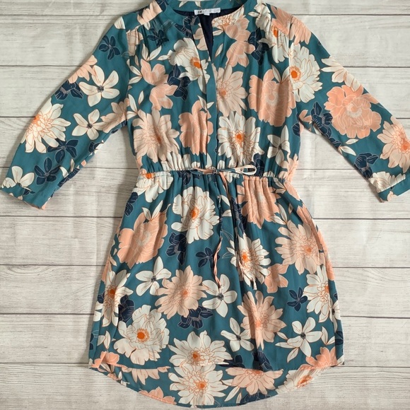 DR2 Nordstrom Rack Women’s Aqua Blue Floral Dress Drawstring Waist with Pockets - Picture 3 of 9